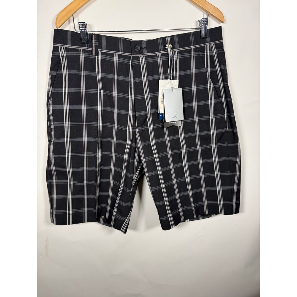 Cutter & Buck Mens Black White Plaid Golf Shorts Size 34 Stretch Flat Front New